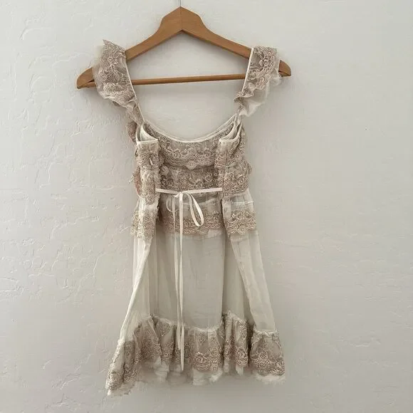 Free People Lace Tiered Top Romantic Boho Feminine Sheer Cream Ivory Sz 4 - Picture 7 of 11